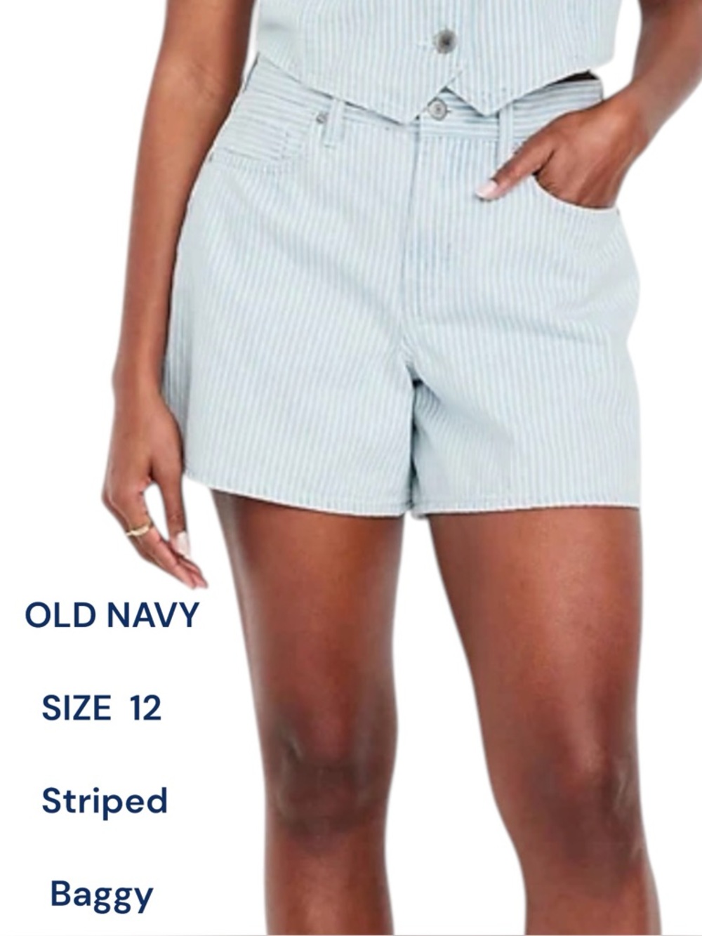 Old Navy Jean Shorts High Waisted Light Blue Striped Baggy 5” Inseam Size 12